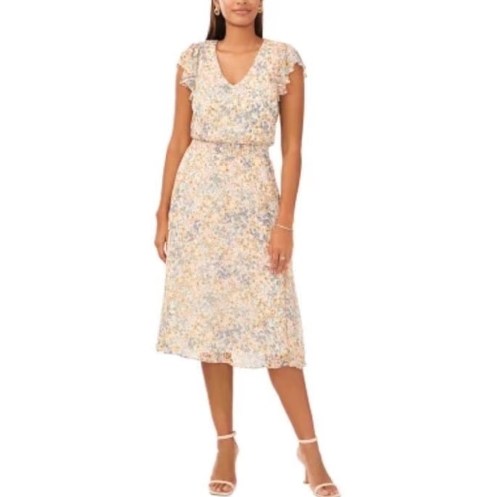 MSK Flutter Sleeve Short Floral Midi Fit Flare Dress